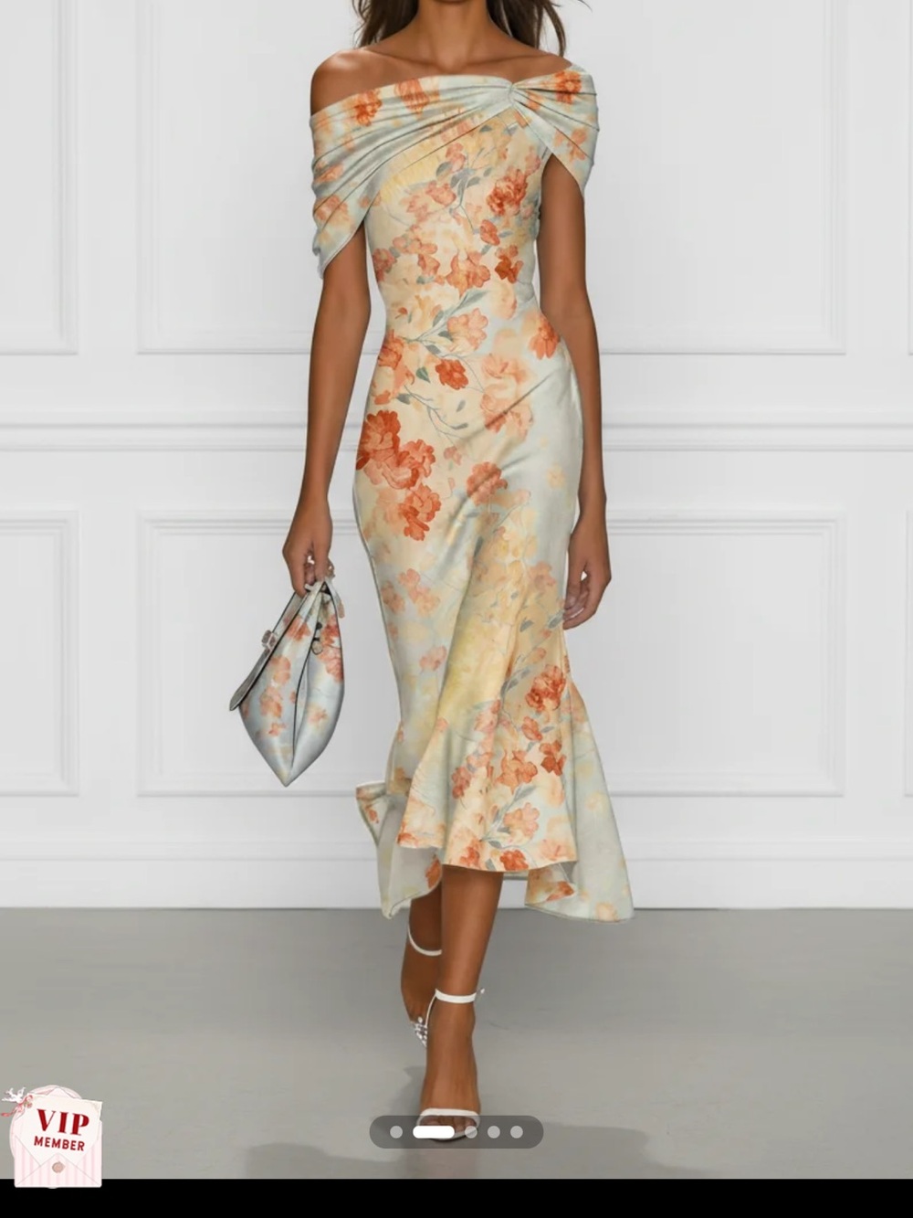 One-Shoulder Floral Satin Midi Dress in Soft Peach